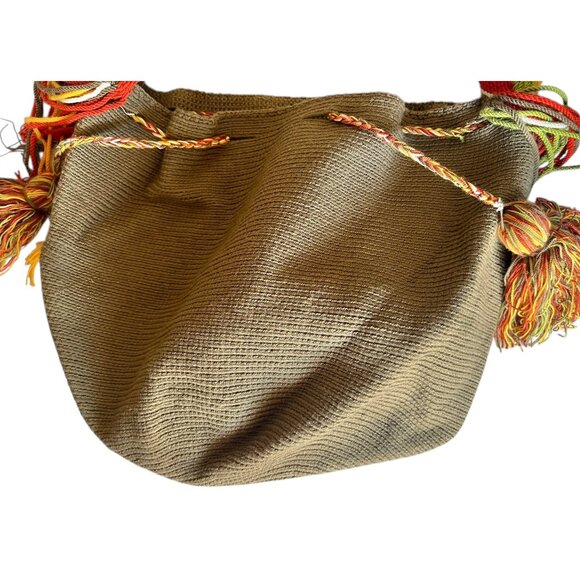 Handwoven Wayuu Mochila Tote Bag With Zigzag Strap & Tassels Colombian Kacki Grn - Picture 7 of 12